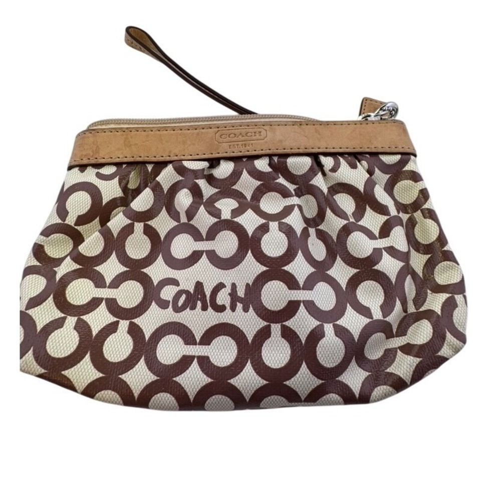Coach Signature Brown Cream Canvas Wristlet Handbag Purse Zip Top